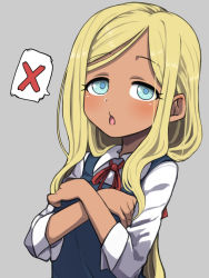 Rule 34 | 1girl, blonde hair, blue eyes, chestnut mouth, crossed arms, dark-skinned female, dark skin, gazacy (dai), grey background, hands on own chest, highres, idolmaster, idolmaster cinderella girls, layla (idolmaster), long hair, looking at viewer, open mouth, simple background, solo, spoken x, upper body