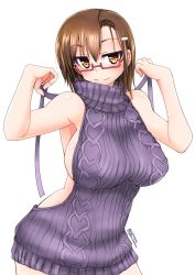 Rule 34 | 1girl, backless dress, backless outfit, bare shoulders, breasts, brown eyes, brown hair, dress, gigantic breasts, glasses, hair ornament, hairclip, halterneck, highres, long hair, meme attire, naked sweater, naughty face, original, raised eyebrows, simple background, solo, sweater, sweater dress, sweater vest, thighs, tokihama jirou, virgin killer sweater, white background