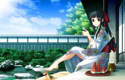 Rule 34 | black hair, censored, feet, food, footjob, foreskin, fruit, glass, hair ribbon, japanese clothes, kimono, long hair, orgasm, penis, pitcher (container), pointless censoring, ponytail, red eyes, ribbon, scenery, sky, tagme, watermelon