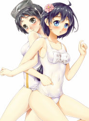 Rule 34 | 10s, 2girls, ahoge, alternate costume, bare shoulders, bicchuutakamatsu (oshiro collection), bicchuutakamatsu (oshiro project), black eyes, black hair, blue eyes, blue hair, blush, breasts, cleavage, covered navel, crossover, kantai collection, locked arms, look-alike, looking at viewer, looking back, maru-yu (kancolle), medium breasts, multiple girls, navel, one-piece swimsuit, open mouth, oshiro project:re, school swimsuit, short hair, shuffle (songdatiankong), smile, standing, swimsuit, tongue, white school swimsuit, white one-piece swimsuit