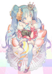 Rule 34 | 1girl, :p, ankle boots, bare shoulders, blue eyes, blue hair, blue thighhighs, boots, cake, crown, dog, earrings, food, fruit, full body, gin (oyoyo), hatsune miku, high heel boots, high heels, jewelry, long hair, simple background, sitting, smile, strawberry, thighhighs, tongue, tongue out, twintails, very long hair, vocaloid