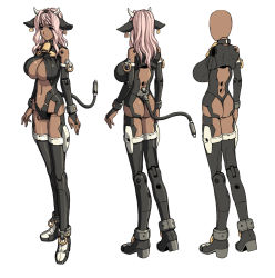 Rule 34 | 10s, 1girl, android, animal ears, back, bell, blue eyes, breasts, busou shinki, cleavage, collar, cow girl, cowbell, dark-skinned female, dark skin, doll joints, horns, huge breasts, joints, large breasts, magaki ryouta, neck bell, original, tail, thighhighs