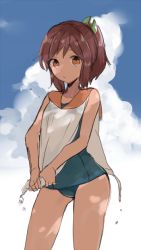Rule 34 | 10s, 1girl, brown eyes, brown hair, cloud, day, i-401 (kancolle), ishita (sunagimomo), kantai collection, ponytail, short hair, sky, solo, swimsuit, wringing clothes