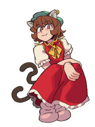 Rule 34 | 1girl, :3, absurdres, animal ears, bow, bowtie, brown ahir, brown eyes, brown hair, cat ears, cat tail, chen, closed mouth, commentary, dress, earrings, eddybird55555, english commentary, flat chest, full body, gold trim, green hat, hat, highres, jewelry, mob cap, multiple tails, nekomata, puffy short sleeves, puffy sleeves, red dress, short hair, short sleeves, simple background, single earring, slit pupils, smile, solo, squatting, tail, touhou, two tails, white background, white footwear, yellow bow, yellow bowtie