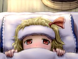 Rule 34 | 1girl, blanket, blonde hair, blush, colored eyelashes, commentary request, futon, hair ribbon, looking at viewer, pillow, red eyes, ribbon, rumia, shirosato, sick, solo, sweat, tatami, touhou, towel, towel on head