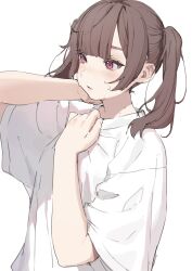 Rule 34 | 1girl, blush, brown hair, daluto (hitomi555), highres, looking to the side, medium hair, original, pink eyes, shirt, simple background, sketch, solo, sweat, twintails, upper body, white background, white shirt
