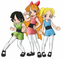 Rule 34 | 3girls, alternate legwear, black footwear, black hair, blonde hair, blossom (ppg), blue eyes, bubbles (ppg), buttercup (ppg), cartoon network, colorized, dress, green eyes, hand on own hip, long hair, mary janes, multiple girls, parted bangs, powerpuff girls, red eyes, red hair, shoes, simple background, sketch, sleeveless, thighhighs, tomomimi shimon, very long hair, white background, zettai ryouiki
