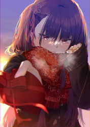 Rule 34 | 1girl, absurdres, black coat, blunt bangs, box, breath, closed mouth, coat, gift, gift box, girls&#039; frontline, hair ornament, hair ribbon, heart-shaped box, highres, holding, holding gift, incoming gift, long hair, long sleeves, looking at viewer, one side up, purple hair, red eyes, red hair, red ribbon, red scarf, ribbon, ryunosuke nikaido, scarf, sleeves past wrists, snowflake hair ornament, snowflake print, solo, upper body, v-shaped eyebrows, valentine, wa2000 (date in the snow) (girls&#039; frontline), wa2000 (girls&#039; frontline)