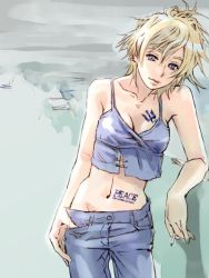 Rule 34 | 1girl, blonde hair, blue eyes, breasts, cigarette, denim, jeans, midriff, original, pants, safety pin, solo, tattoo, temp h