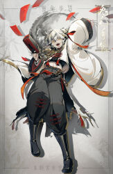Rule 34 | 1other, :d, absurdres, androgynous, arm up, black footwear, black pants, black shirt, boots, cash cannon, chinese text, full body, grey background, gun, hair bun, hands up, highres, holding, holding gun, holding weapon, hongbao, jacket, jacknavy, knee boots, looking at viewer, medicine pocket, midriff, navel, open mouth, pants, reverse:1999, seal script, sharp teeth, shirt, short hair, single side bun, smile, solo, standing, standing on one leg, teeth, weapon, white hair, white jacket, wide sleeves, yellow eyes