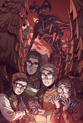 Rule 34 | 1girl, 3boys, beanie, blonde hair, blush, brown hair, camera, cloud, creature, crying, crying with eyes open, dark-skinned male, dark skin, fingernails, forest, freckles, glasses, hat, holding, holding camera, holding map, hood, hoodie, jacket, letterman jacket, map, monster, mountain, multiple boys, nature, notebook, open mouth, original, outdoors, parted lips, pen, pointing, red sky, round eyewear, sharp fingernails, sharp teeth, shirt, short hair, siren head, sky, standing, tears, teeth, tree, wenny02, writing