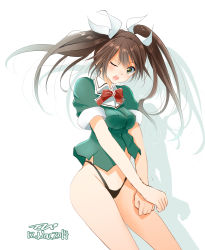 Rule 34 | 10s, 1girl, black panties, brown hair, green eyes, green shirt, hair ribbon, highleg, highleg panties, highres, kantai collection, long hair, looking at viewer, neck ribbon, one eye closed, open mouth, panties, ribbon, shirt, short sleeves, solo, tebi (tbd11), tone (kancolle), twintails, underwear, v arms
