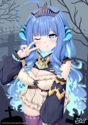 Rule 34 | 1girl, ;q, ahoge, bare shoulders, bare tree, black sleeves, blue eyes, blue hair, blush, breasts, chrisandita, cleavage, closed mouth, commentary, commission, curled horns, detached sleeves, dress, fiery hair, frilled dress, frills, hand up, highres, horns, leaning forward, long hair, long sleeves, medium breasts, one eye closed, prism project, puffy long sleeves, puffy sleeves, rikudou yura, sleeveless, sleeveless dress, smile, solo, tiara, tongue, tongue out, tree, v, very long hair, virtual youtuber, white dress, x x