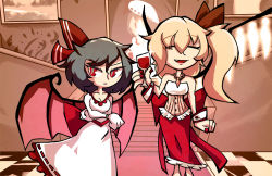 Rule 34 | 2girls, alcohol, alternate costume, blonde hair, blue hair, cup, dress, drinking glass, closed eyes, fang, flandre scarlet, hair ribbon, multiple girls, nail polish, aged up, open mouth, red eyes, remilia scarlet, ribbon, setz, short hair, side ponytail, smile, stairs, touhou, white dress, wine, wine glass