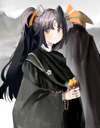 Rule 34 | 1boy, 1girl, :t, animal ear fluff, animal ears, arknights, beads, black hair, black kimono, blush, brown headwear, closed mouth, dog ears, eating, facial mark, food, forehead mark, holding, holding food, japanese clothes, kimono, kyushi (user 41158199), long hair, looking at viewer, notice lines, orange eyes, parted bangs, ponytail, prayer beads, roasted sweet potato, saga (arknights), solo focus, steam, sweet potato, very long hair