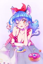Rule 34 | 1girl, ;p, animal ear fluff, animal ears, blue hair, blurry, blurry foreground, blush, bow, breasts, cat ears, cat tail, cleavage, collarbone, cup, dress, earrings, hair between eyes, hair bow, highres, holding, holding spoon, jewelry, kyoutsuugengo, long hair, looking at viewer, one eye closed, orange eyes, pointy ears, polka dot, polka dot dress, precure, red bow, red dress, sleeveless, sleeveless dress, small breasts, solo, sparkle, spoon, star twinkle precure, tail, teacup, teapot, tongue, tongue out, white background, yuni (precure)