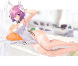 Rule 34 | 1girl, alternate costume, animal ears, bad id, bad pixiv id, blurry, blurry background, blush, breasts, cleavage, commission, fake animal ears, fate/grand order, fate (series), fishnet thighhighs, fishnets, hair over one eye, hatsuno xxx, highres, leotard, looking at viewer, lying, mash kyrielight, medium breasts, on side, one eye covered, playboy bunny, purple eyes, purple hair, rabbit ears, rabbit pose, rabbit tail, short hair, skeb commission, smile, solo, stuffed carrot, stuffed toy, table, tail, thighhighs, white leotard