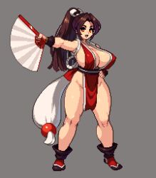 Rule 34 | 1girl, breasts, brown eyes, brown hair, cleavage, fatal fury, feet, hand fan, hand on own hip, highres, japanese clothes, large breasts, legs, long hair, looking at viewer, ninja, open mouth, pixel art, ponytail, shiranui mai, sideboob, smile, snk, solo, the king of fighters, thick thighs, thighs, yumurama