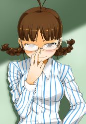 Rule 34 | 1girl, adjusting eyewear, akiduki i tsuki, akitsuki itsuki, akizuki ritsuko, braid, brown eyes, brown hair, glasses, idolmaster, idolmaster (classic), short twintails, solo, twin braids, twintails