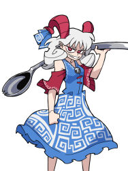 Rule 34 | 1girl, blue dress, commentary, curled horns, dress, eddybird55555, english commentary, grin, highres, holding utensil, horns, looking at viewer, meandros, medium hair, parody, red horns, red sleeves, ringed eyes, simple background, smile, solo, spork, standing, style parody, touhou, toutetsu yuuma, v-shaped eyebrows, vanripper (style), white background, white hair