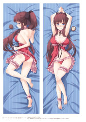 Rule 34 | 1girl, armpits, arms up, ass, barefoot, bed sheet, black bow, black ribbon, blue eyes, blush, bow, breasts, brown hair, cleavage, closed mouth, collarbone, copyright name, dakimakura (medium), embarrassed, frilled panties, frills, from above, hair bow, highres, large breasts, lingerie, long hair, looking at viewer, looking back, lying, navel, negligee, new game!, on back, on side, page number, panties, ponytail, red panties, ribbon, shiny skin, sideboob, soles, takimoto hifumi, tokunou shoutarou, underwear, very long hair