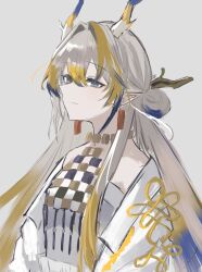 Rule 34 | 1girl, arknights, blonde hair, closed mouth, dragon girl, dragon horns, dress, earrings, grey background, grey eyes, grey hair, grey horns, hair between eyes, hair intakes, half-closed eyes, highres, horns, jewelry, light smile, long hair, looking ahead, multicolored hair, necklace, off shoulder, pointy ears, purple hair, purple horns, shouga chahan, shu (arknights), simple background, sketch, solo, split mouth, unfinished, white dress, yellow horns