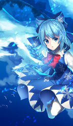 Rule 34 | 1girl, :o, bad id, bad pixiv id, blue bow, blue dress, blue eyes, blue hair, bow, cirno, dress, hair bow, highres, ice, ice wings, looking at viewer, matching hair/eyes, peach camellia, puffy short sleeves, puffy sleeves, red bow, short hair, short sleeves, snowflake print, solo, touhou, wings