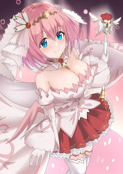Rule 34 | 1girl, absurdres, bare shoulders, blue eyes, blush, breasts, cleavage, detached collar, detached sleeves, diadem, gloves, hair between eyes, highres, large breasts, looking at viewer, pink hair, princess connect!, puffy sleeves, red skirt, short hair, skirt, smile, solo, split mouth, thighhighs, veil, wand, white gloves, yanazawa ko, yui (princess) (princess connect!), yui (princess connect!)
