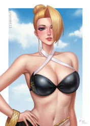 Rule 34 | 1girl, artist name, bare shoulders, bikini, bikini top only, blonde hair, blue eyes, blue sky, blush, bracelet, breasts, cleavage, cloud, cloudy sky, collarbone, commentary, criss-cross halter, day, earrings, fingernails, hair bun, hair over one eye, halterneck, hand on own hip, highres, jewelry, kyopink, large breasts, lips, makeup, mature (kof), navel, outdoors, parted lips, shiny clothes, signature, simple background, single hair bun, sky, smile, snk, solo, stomach, swimsuit, the king of fighters