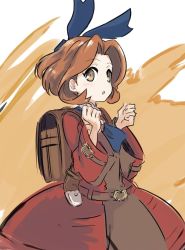 Rule 34 | 1girl, abe kanari, backpack, bag, brown eyes, brown hair, carol anderson, commentary request, dress, from side, hair ribbon, looking at viewer, medium hair, open mouth, ribbon, smile, solo, standing, wild arms, wild arms 5