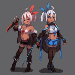 Rule 34 | 2girls, :q, ahoge, bare shoulders, bikini, bikini top only, black footwear, black gloves, black jacket, black legwear, black shorts, blue eyes, blue ribbon, blue skirt, blush, boots, bow, breasts, brown legwear, closed mouth, collarbone, commentary, criss-cross halter, crop top, dagger, dual wielding, elbow gloves, fingerless gloves, fur-trimmed boots, fur-trimmed jacket, fur trim, gloves, glowing, grey background, hair between eyes, hair ornament, hair ribbon, hairclip, halterneck, highleg, highleg panties, highres, holding, holding dagger, holding knife, holding sword, holding weapon, jacket, knife, midriff, miya (miyaruta), multiple girls, navel, off shoulder, open clothes, open jacket, original, panties, parted bangs, pleated skirt, pointy ears, ponytail, red bow, red eyes, red ribbon, ribbon, shadow, shirt, short shorts, shorts, silver hair, skirt, sleeveless, sleeveless shirt, small breasts, smile, standing, swimsuit, sword, symbol-only commentary, thighhighs, thighhighs under boots, tongue, tongue out, underwear, weapon, white bikini, white panties, white shirt