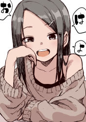 Rule 34 | 1girl, absurdres, black eyes, black hair, brown sweater, collarbone, hair ornament, hairclip, highres, long hair, looking at viewer, off-shoulder sweater, off shoulder, open mouth, original, simple background, sketch, solo, sweater, teeth, upper teeth only, white background, yamamoto souichirou