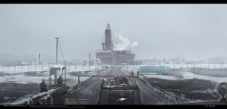 Rule 34 | english text, gate, grey sky, guard, haguruma c, highres, jerry can, letterboxed, military, military base, military vehicle, motor vehicle, multiple boys, oil refinery, original, road, side-view mirror, sky, snow, snowing, soldier, sports utility vehicle, tank, traffic light, utility pole