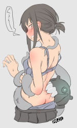 Rule 34 | 1girl, ass, ass biting, biting, blush, butt crack, clothes pull, embarrassed, enemy naval mine (kancolle), ergot, fubuki (kancolle), jewelry, kantai collection, medium hair, panties, partially undressed, ring, short ponytail, sidelocks, skirt, underwear, wedding band