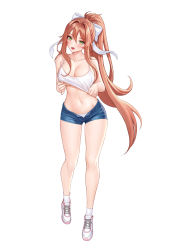 Rule 34 | 1girl, bare arms, bare legs, bare shoulders, blue shorts, bow, breasts, brown hair, camisole, cleavage, collarbone, commission, crop top, doki doki literature club, full body, green eyes, hair between eyes, hair bow, highres, large breasts, long hair, looking at viewer, micro shorts, midriff, monika (doki doki literature club), navel, open fly, open mouth, panties, ponytail, shirt, shoes, short shorts, shorts, simple background, siun, sleeveless, sleeveless shirt, sneakers, socks, solo, spaghetti strap, stomach, thighs, tongue, tongue out, underwear, very long hair, white background, white footwear, white panties, white shirt, white socks