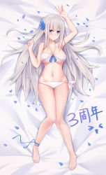 Rule 34 | &gt; &lt;, 1girl, :d, ankle ribbon, anniversary, arm up, bandeau, bare legs, barefoot, bikini, blue eyes, blue ribbon, blush, breasts, closed mouth, covered erect nipples, full body, hair ornament, halterneck, hand up, highres, large breasts, leg ribbon, lexington (warship girls r), long hair, looking at viewer, lying, navel, on back, open mouth, petals, ribbon, side-tie bikini bottom, sidelocks, silver hair, smile, solo, stardust (chen&#039;ai weiding), swimsuit, thighs, underboob, very long hair, warship girls r, white bikini