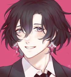 Rule 34 | 1boy, black hair, black jacket, black necktie, blush, collared shirt, constantine xi (fate), earrings, fate/grand order, fate (series), glint, grey eyes, hair between eyes, highres, jacket, jewelry, light particles, looking at viewer, male focus, necktie, parted lips, pink background, portrait, shirt, short hair, simple background, smile, solja, solo, white shirt