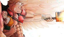 Rule 34 | 2boys, bara, brown theme, carrying, carrying person, character request, child, cowboy shot, embers, from side, highres, itaru (kidomh63), male focus, mature male, multiple boys, muscular, muscular male, pointing sword, profile, protecting, short hair, thick eyebrows, tokyo houkago summoners, tusks