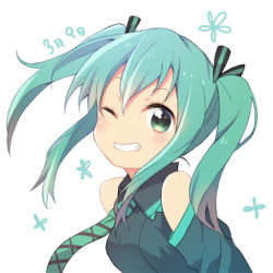 Rule 34 | 1girl, 39, aqua eyes, aqua hair, bare shoulders, blush, dated, detached sleeves, flower (symbol), grin, hatsune miku, long hair, looking at viewer, necktie, nico dot, one eye closed, sleeveless, smile, solo, twintails, upper body, vocaloid, white background