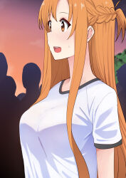 Rule 34 | 1girl, :d, alternate costume, asuna (sao), blush, breasts, crowd, from side, h2o (ddks2923), highres, large breasts, open mouth, orange eyes, orange hair, outdoors, shirt, short sleeves, smile, solo focus, sportswear, sunset, sweatdrop, sword art online, teeth, tree, upper body, upper teeth only, white shirt
