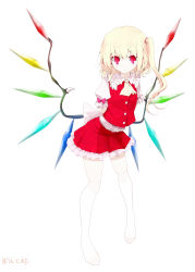 Rule 34 | 1girl, absurdres, arms behind back, ascot, bad id, bad pixiv id, blonde hair, blush, embellished costume, embodiment of scarlet devil, female focus, flandre scarlet, floral print, highres, low wings, no headwear, oouso, red eyes, ribbon, short hair, side ponytail, simple background, skirt, skirt set, slit pupils, solo, thighhighs, touhou, vest, white thighhighs, wings, zettai ryouiki