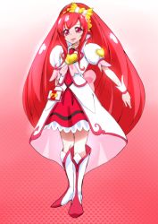 Rule 34 | 1girl, bow, brooch, cure ace, dokidoki! precure, female focus, full body, hair bow, heart, heart brooch, long hair, looking at viewer, madoka aguri, magical girl, precure, red eyes, red hair, red skirt, shift (waage), skirt, solo