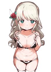Rule 34 | 1girl, absurdres, aqua eyes, arm at side, arm garter, bare shoulders, black bra, black panties, blonde hair, bow, bow bra, bow panties, bra, breasts, bright pupils, cleavage, closed mouth, commentary, cowboy shot, flower, goe (g-o-e), hair flower, hair ornament, hand up, highres, light blush, long hair, looking at viewer, medium breasts, navel, panties, red flower, red rose, rose, shoujo kageki revue starlight, shoujo kageki revue starlight -re live-, sidelocks, simple background, solo, standing, stomach, thighhighs, two-tone bra, two-tone panties, underwear, underwear only, wavy hair, white background, white bra, white panties, white pupils, white thighhighs, yumeoji shiori