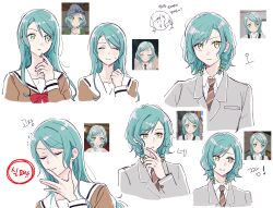 Rule 34 | 2girls, absurdres, aqua hair, bang dream!, blush, bow, bowtie, brown necktie, closed eyes, closed mouth, collarbone, collared shirt, commentary, cropped torso, diagonal-striped clothes, diagonal-striped necktie, embarrassed, expression chart, game screenshot inset, green eyes, grey jacket, hair between eyes, hanasakigawa school uniform, haneoka school uniform, highres, hikawa hina, hikawa sayo, jacket, korean text, long hair, long sleeves, looking at viewer, medium hair, multiple girls, necktie, red bow, red bowtie, sailor collar, school uniform, shirt, siblings, sidelocks, simple background, smile, striped clothes, sweatdrop, twins, upper body, white background, white sailor collar, white shirt, zihacheol