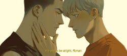 Rule 34 | 2boys, adam parrish, black hair, blonde hair, blue eyes, buzz cut, catbishonen, crying, english text, eye contact, face-to-face, freckles, from side, highres, looking at another, male focus, multiple boys, ronan lynch, short hair, streaming tears, tears, the raven cycle, upper body, very short hair, yaoi