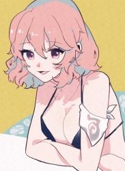 Rule 34 | 1girl, :d, bare shoulders, bikini, breasts, cleavage, highres, large breasts, looking at viewer, necono (nyu6poko), no headwear, no headwear, open mouth, orange background, pink eyes, pink hair, saigyouji yuyuko, short hair, simple background, smile, solo, swimsuit, touhou, upper body, wet