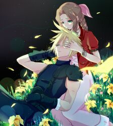 Rule 34 | 1boy, 1girl, absurdres, aerith gainsborough, armor, black gloves, blonde hair, blue eyes, blue pants, blue shirt, braid, brown hair, choker, cloud strife, dress, ecco, final fantasy, final fantasy vii, final fantasy vii remake, flower, gloves, green eyes, hair between eyes, hair ribbon, hand in another&#039;s hair, highres, jacket, jewelry, lily (flower), long hair, necklace, pants, parted bangs, pink dress, pink ribbon, red jacket, ribbon, shirt, short hair, short sleeves, shoulder armor, sidelocks, sleeveless, sleeveless turtleneck, spiked hair, square enix, suspenders, turtleneck, upper body, yellow flower