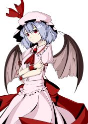 Rule 34 | 1girl, absurdres, bad id, bad pixiv id, bat wings, blue hair, colorized, crossed arms, female focus, hat, highres, red eyes, remilia scarlet, ribbon, short hair, shunkashuutou, solo, standing, touhou, transparent background, wings
