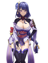 Rule 34 | 1girl, absurdres, black thighhighs, braid, breasts, bridal gauntlets, cleavage, closed mouth, flower, genshin impact, hair flower, hair ornament, hand on own hip, hand on own thigh, highres, japanese clothes, kimono, large breasts, leaning forward, long hair, looking at viewer, low-braided long hair, low-tied long hair, mole, mole under eye, obi, obijime, pangtanto, purple eyes, purple hair, purple kimono, raiden shogun, sash, shrug (clothing), solo, thighhighs