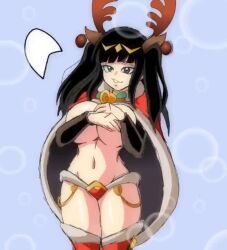 Rule 34 | 1girl, animal ears, animated, antlers, audible speech, bikini, black hair, bouncing breasts, breasts, christmas, christmas ornaments, cloak, clothes lift, covering breasts, covering privates, english audio, english text, fire emblem, horns, large breasts, lewdamone, long hair, looking at viewer, lowres, navel, nintendo, nipples, reindeer antlers, shirt lift, sound, speech bubble, swimsuit, tagme, tharja (fire emblem), twintails, video